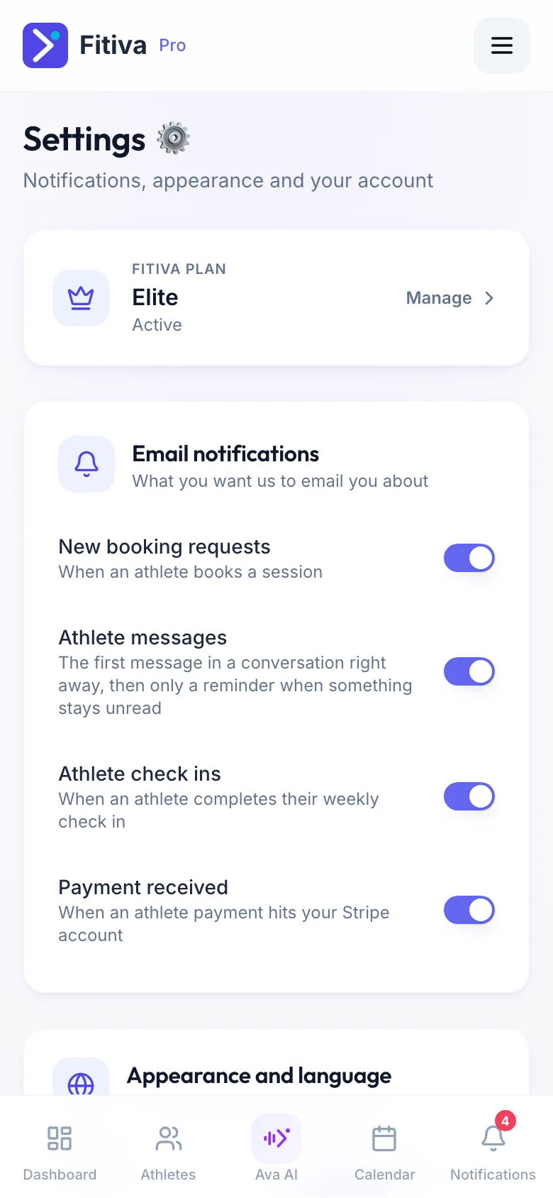 A coach's Settings with the Email notifications card: New booking requests, Athlete messages, Athlete check-ins and Payment received