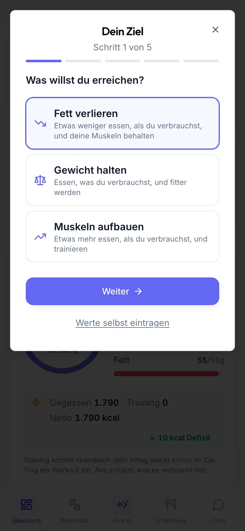 Der Assistent Dein Ziel, Schritt 1 von 5, mit der Frage Was willst du erreichen? und Fett verlieren, Gewicht halten und Muskeln aufbauen