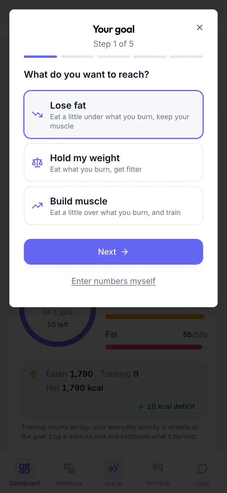 The Your goal wizard, step 1 of 5, asking What do you want to reach? with Lose fat, Hold my weight and Build muscle