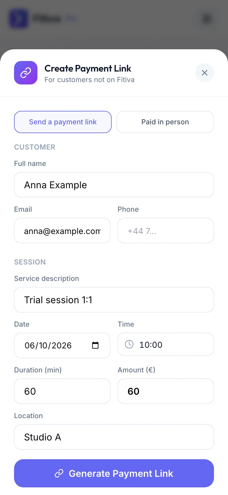 The Create Payment Link window: Send a payment link picked at the top, name and email under Customer, service description, date, time, duration, amount and location under Session, and Generate Payment Link at the bottom.