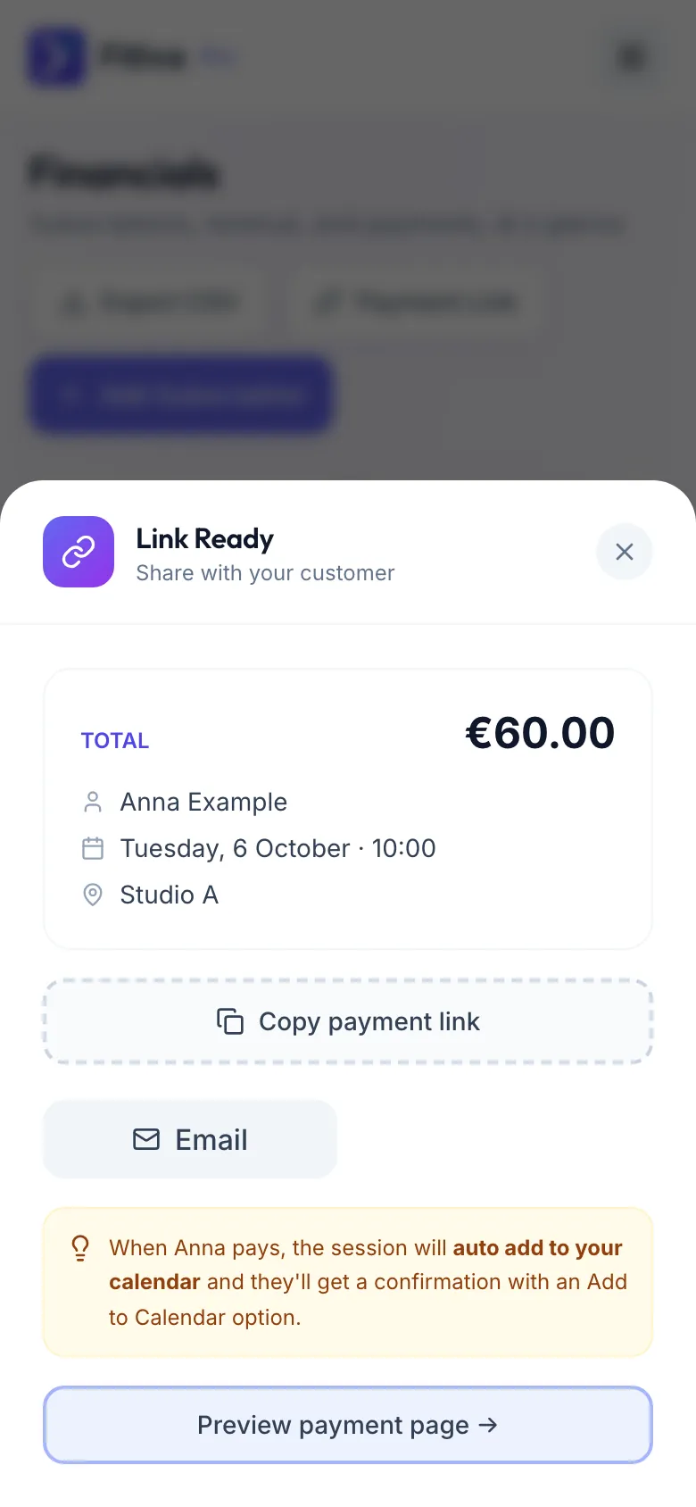 The Link Ready window with a total of €60, name, date and place, the buttons Copy payment link and Email, a note about the calendar, and Preview payment page.