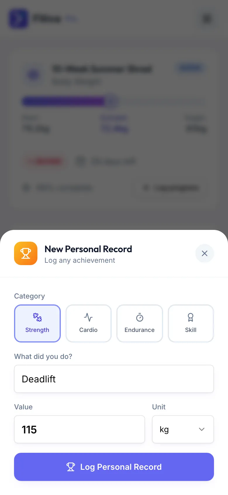 The New Personal Record sheet with Category, What did you do?, Value, Unit and Log Personal Record, filled in for a deadlift