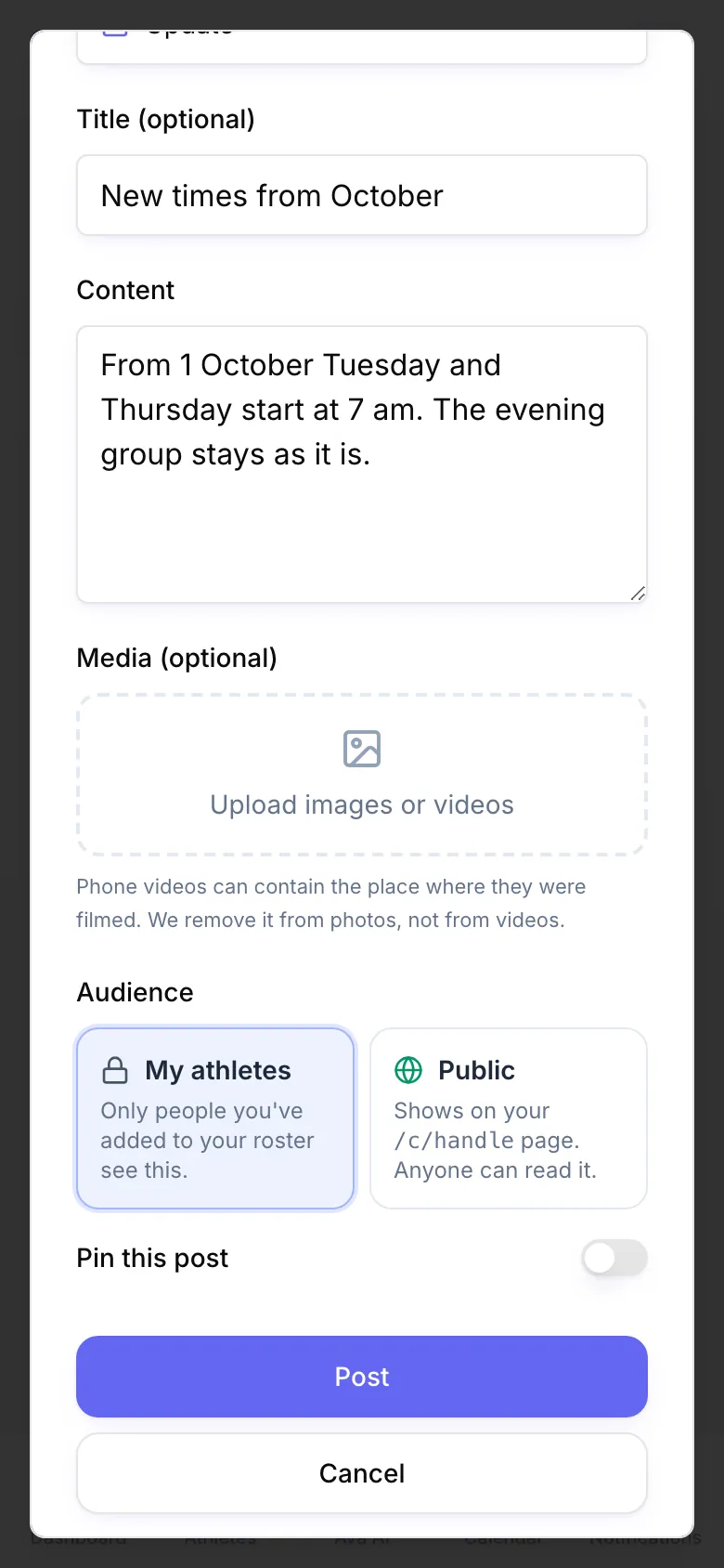 The Create Post dialog with title and Content, Media (optional), the Audience My athletes or Public, the Pin this post switch and the Post button.