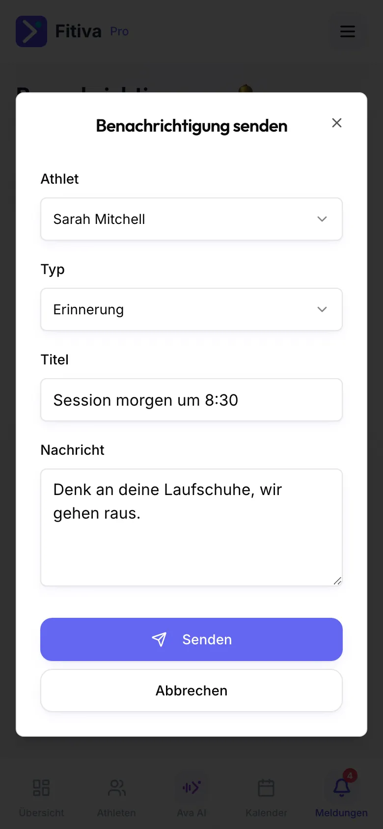 Dialog Benachrichtigung senden mit Athlet Sarah Mitchell, Typ Erinnerung, einem Titel, einer Nachricht und dem Button Senden.