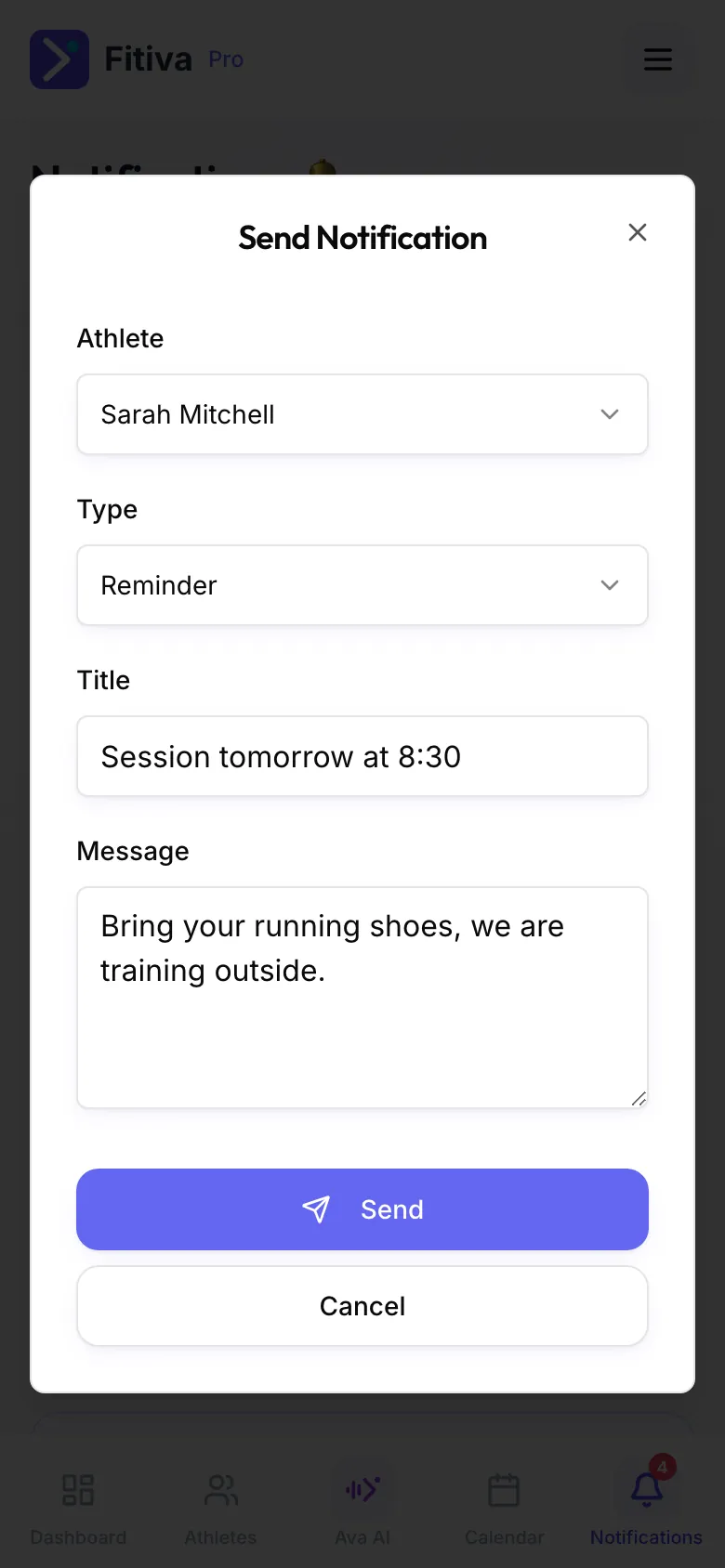 The Send Notification dialog with Athlete Sarah Mitchell, Type Reminder, a title, a message and the Send button.