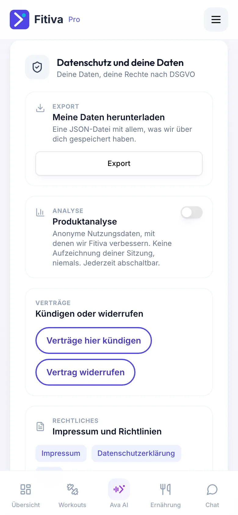 Karte Datenschutz und deine Daten mit ausgeschaltetem Schalter Produktanalyse