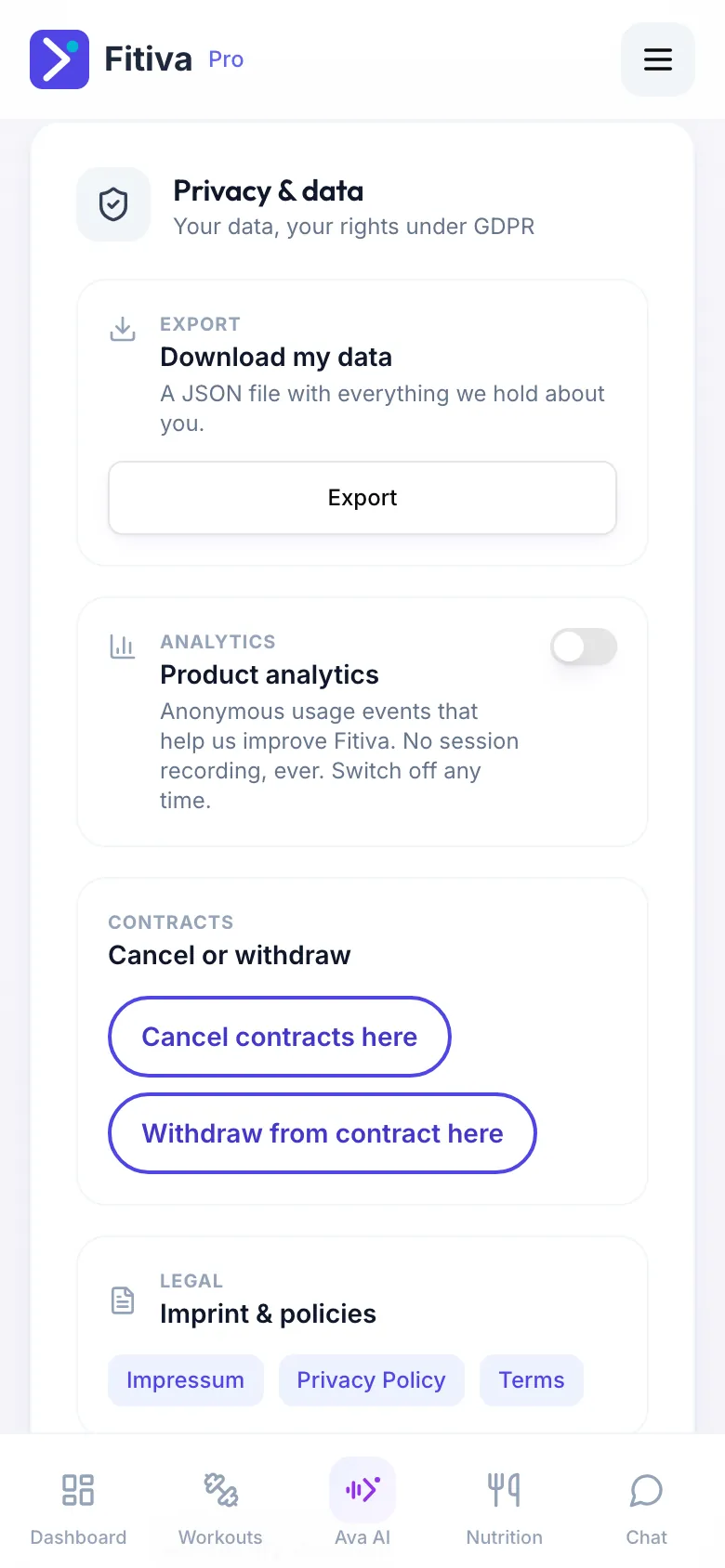 The Privacy & data card with the Product analytics switch turned off