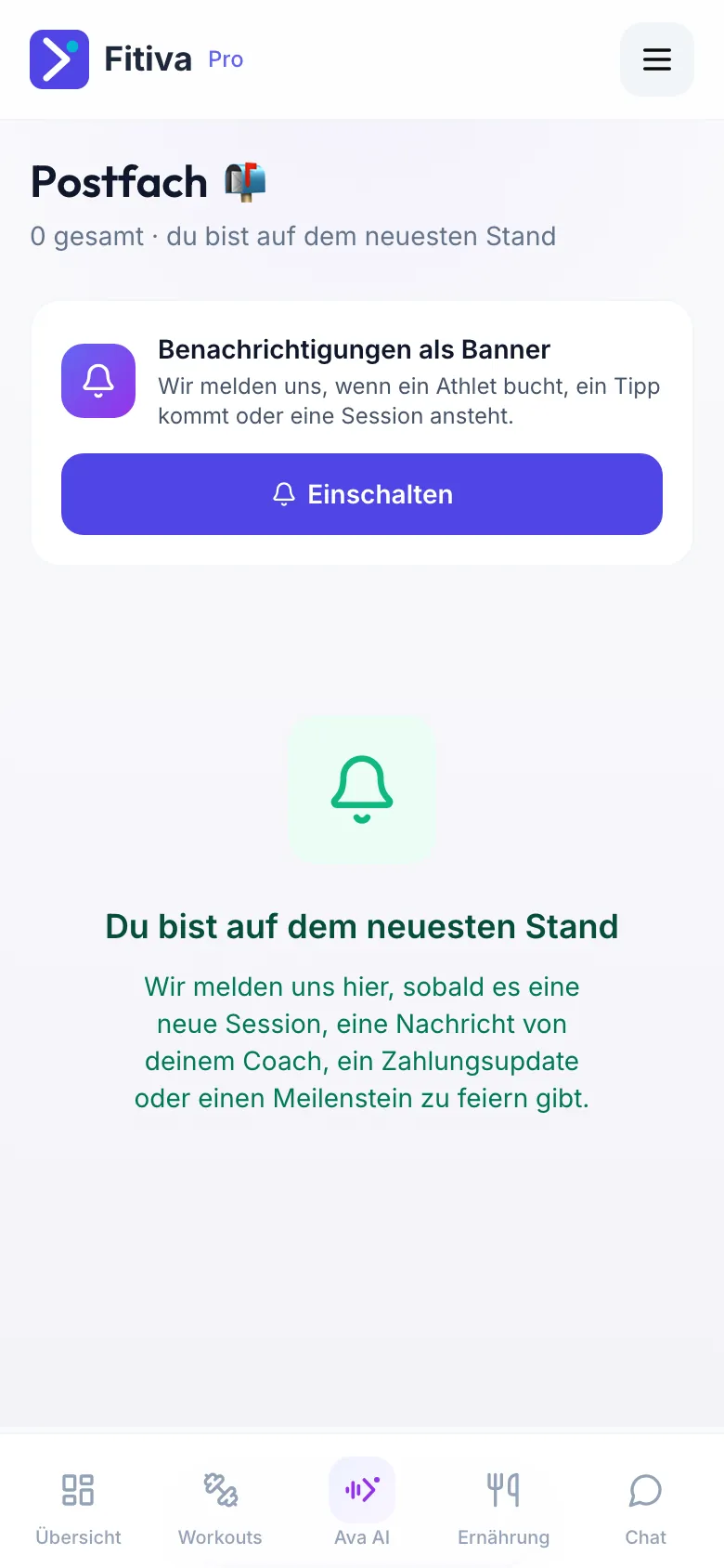 Postfach mit der Karte Benachrichtigungen als Banner und dem Button Einschalten