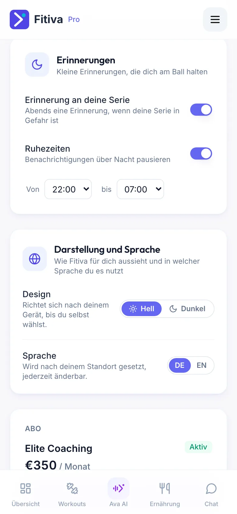 Karte Erinnerungen mit eingeschalteten Ruhezeiten von 22:00 bis 07:00