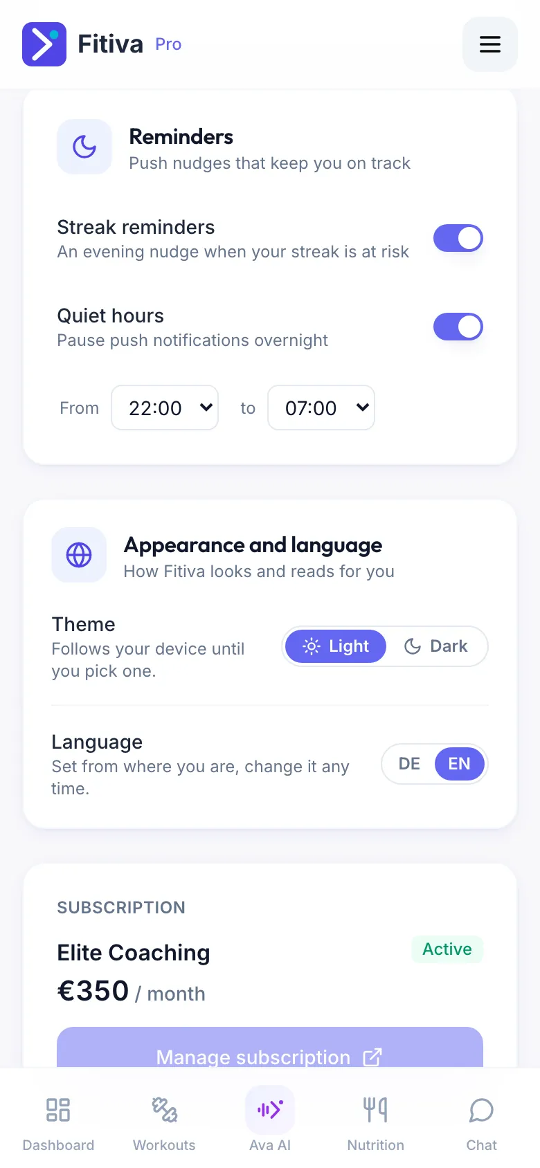 The Reminders card with Quiet hours on from 22:00 to 07:00