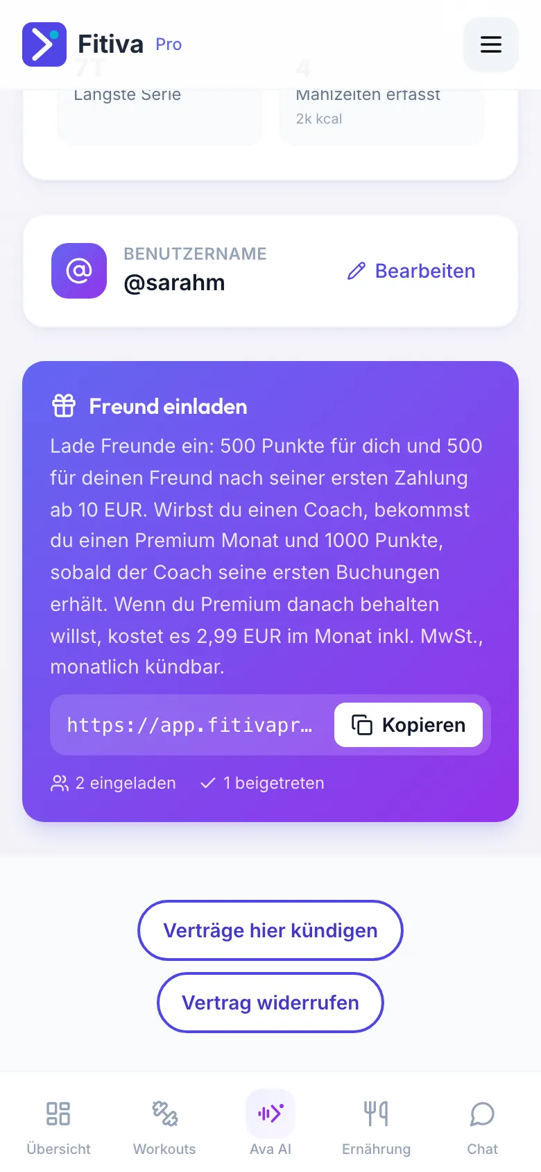 Karte Freund einladen im Profil mit dem aktuellen Prämientext, dem Link, dem Button Kopieren und den Zahlen eingeladen und beigetreten