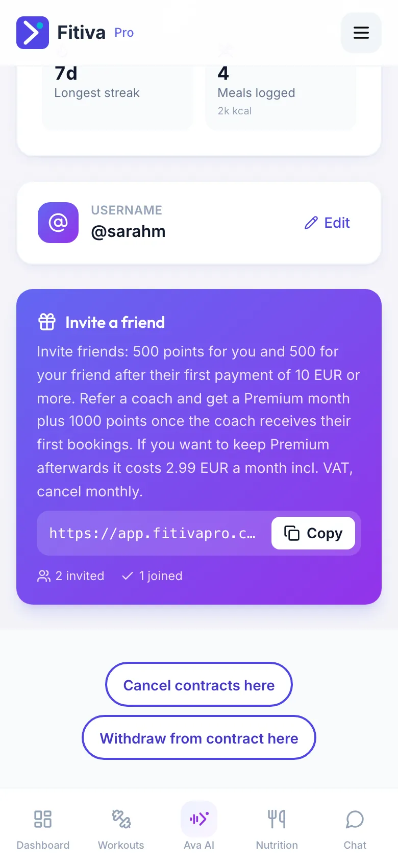 The Invite a friend card on the profile with the current reward text, the link, the Copy button and the invited and joined counts