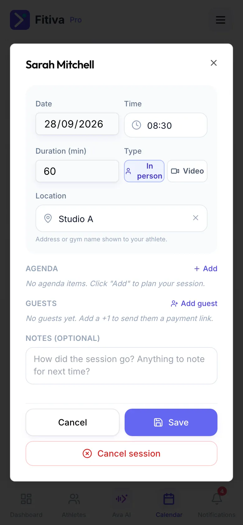 Sarah Mitchell’s session in edit mode: Date, Time, Duration (min), Type In person or Video and Location, with Cancel, Save and Cancel session at the bottom.
