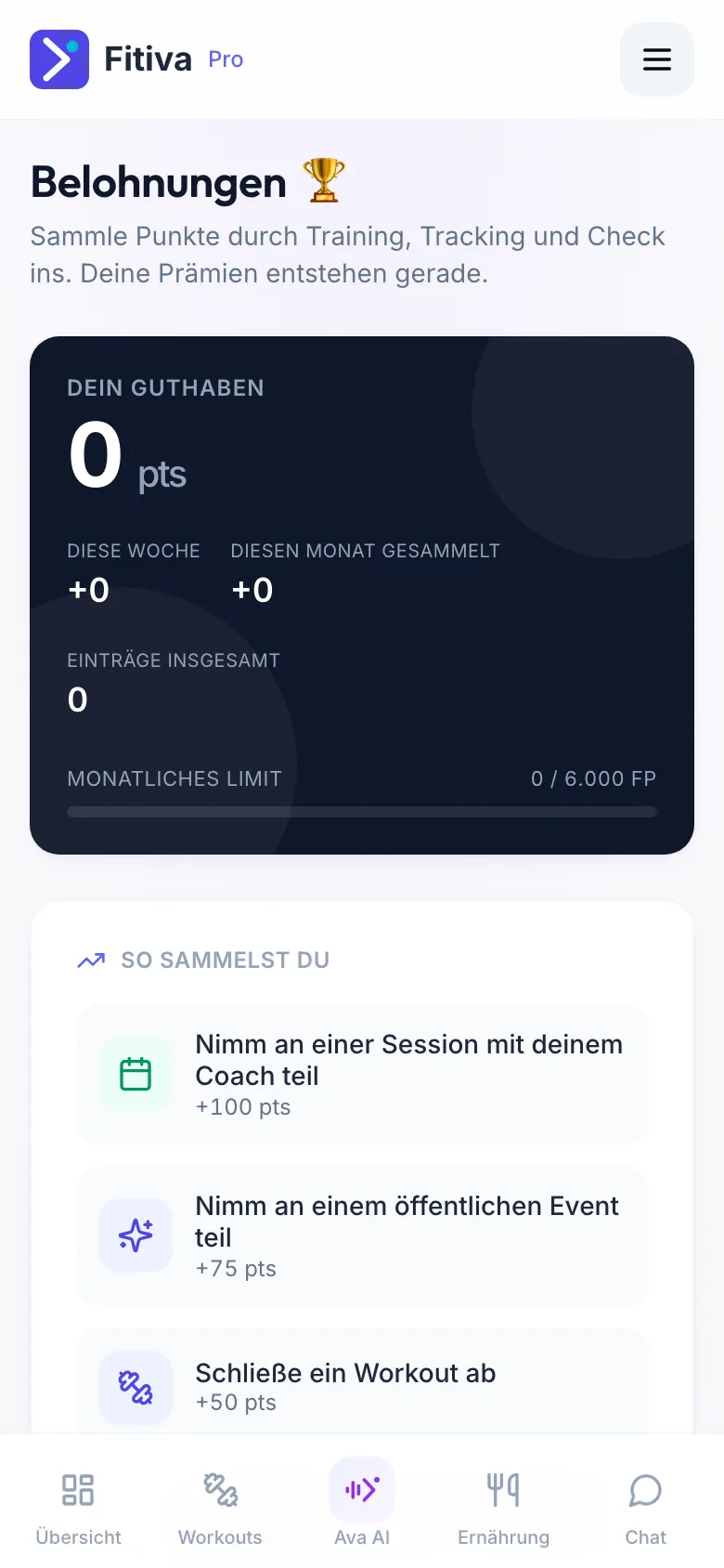 Die Seite Belohnungen mit Dein Guthaben, Diese Woche, Diesen Monat gesammelt, Einträge insgesamt, dem Monatlichen Limit und So sammelst du