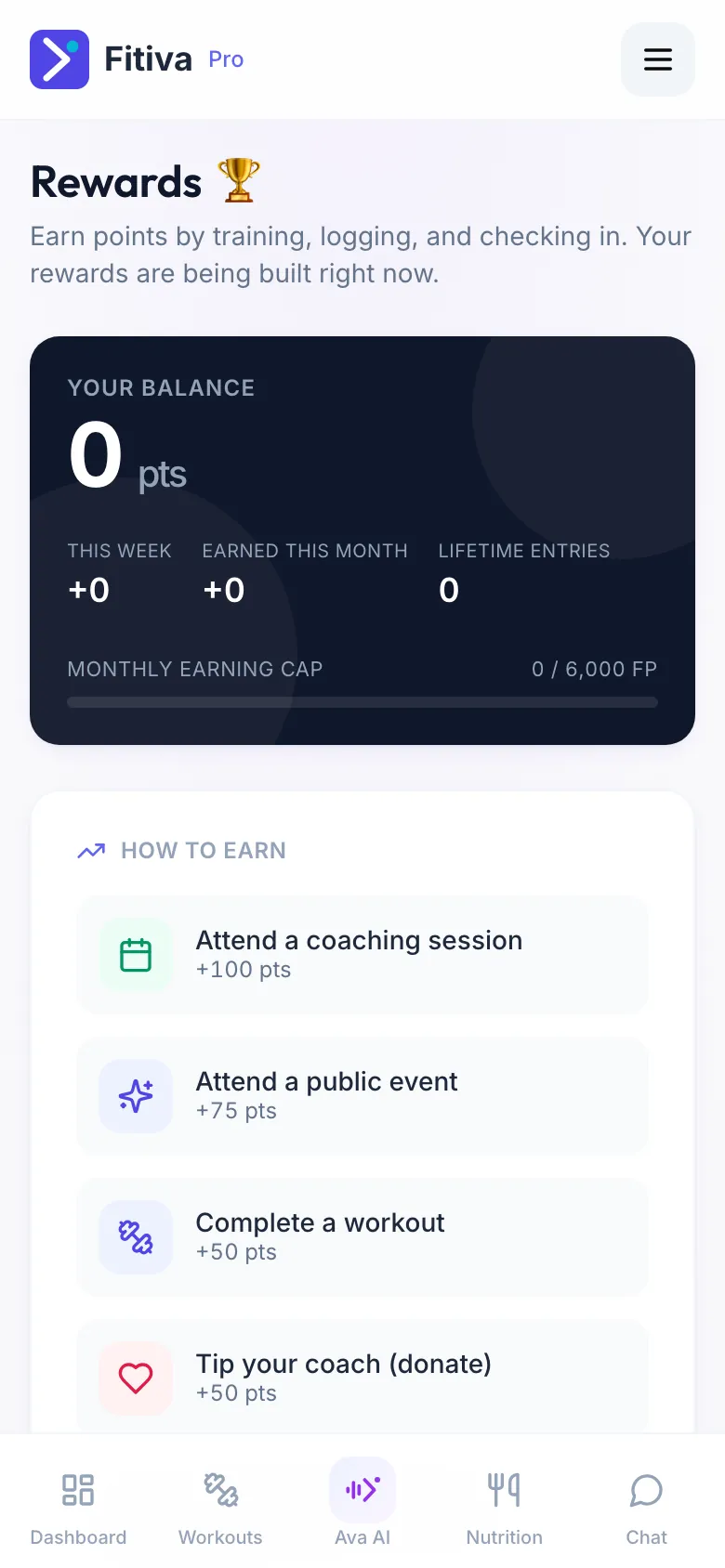 The Rewards page with Your balance, This week, Earned this month, Lifetime entries, the Monthly earning cap and How to earn
