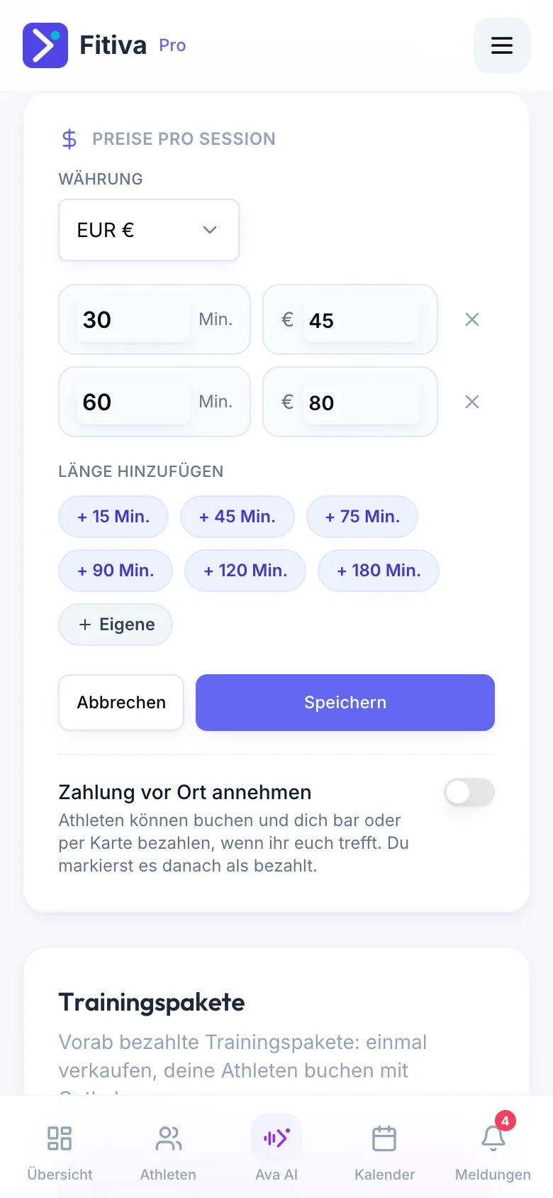 Karte Preise pro Session im Bearbeiten-Modus: Währung EUR, eine Zeile 30 Min. für 45 € und eine Zeile 60 Min. für 80 €, die Knöpfe zum Hinzufügen weiterer Längen und Eigene, Abbrechen und Speichern, darunter der Schalter Zahlung vor Ort annehmen.