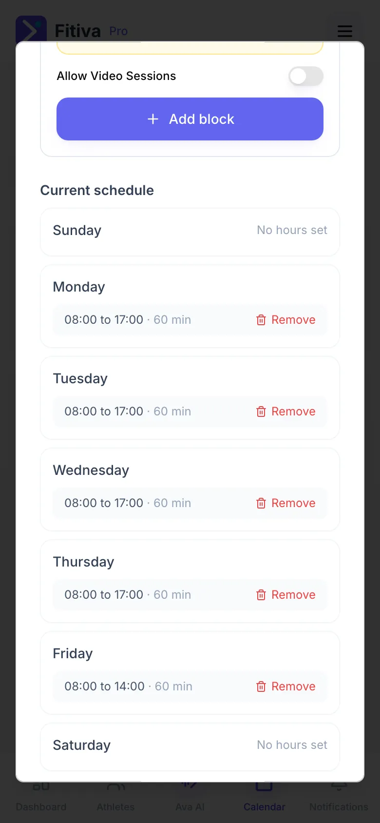 The availability dialog, Current schedule: Monday to Friday each with a block and Remove, Saturday and Sunday with no hours set.