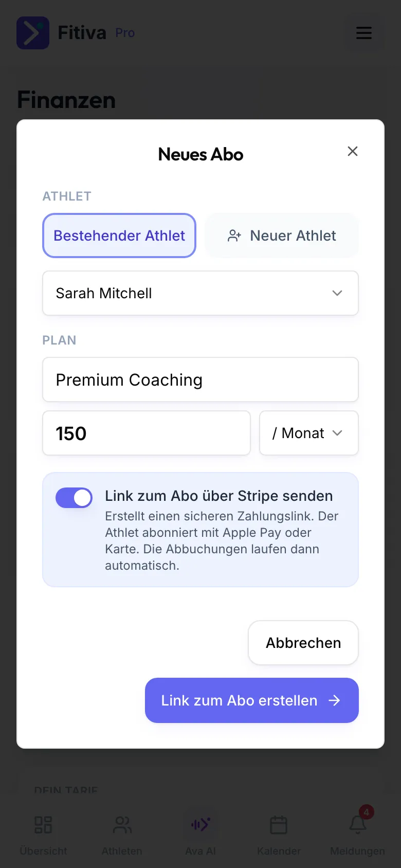 Dialog Neues Abo: Bestehender Athlet Sarah Mitchell, Plan Premium Coaching, 150 pro Monat, der Schalter Link zum Abo über Stripe senden ist an, unten Link zum Abo erstellen.
