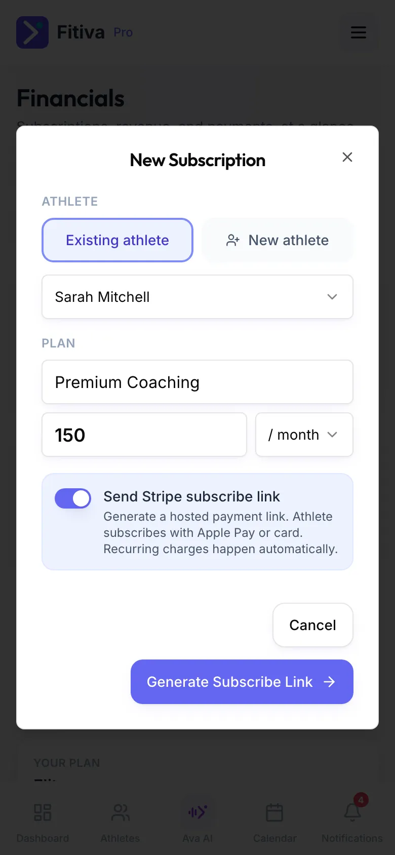 The New Subscription dialog: Existing athlete Sarah Mitchell, plan Premium Coaching, 150 per month, the Send Stripe subscribe link switch on, and Generate Subscribe Link at the bottom.