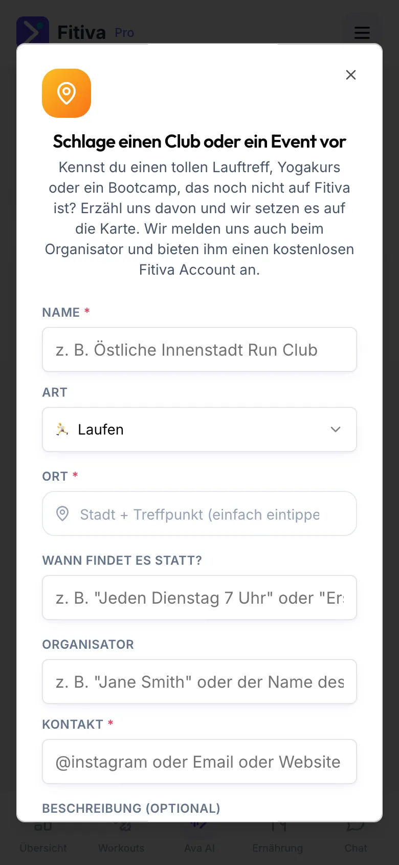 Fenster Schlage einen Club oder ein Event vor mit den Feldern Name, Art, Ort, Wann findet es statt?, Organisator, Kontakt und Beschreibung (optional).