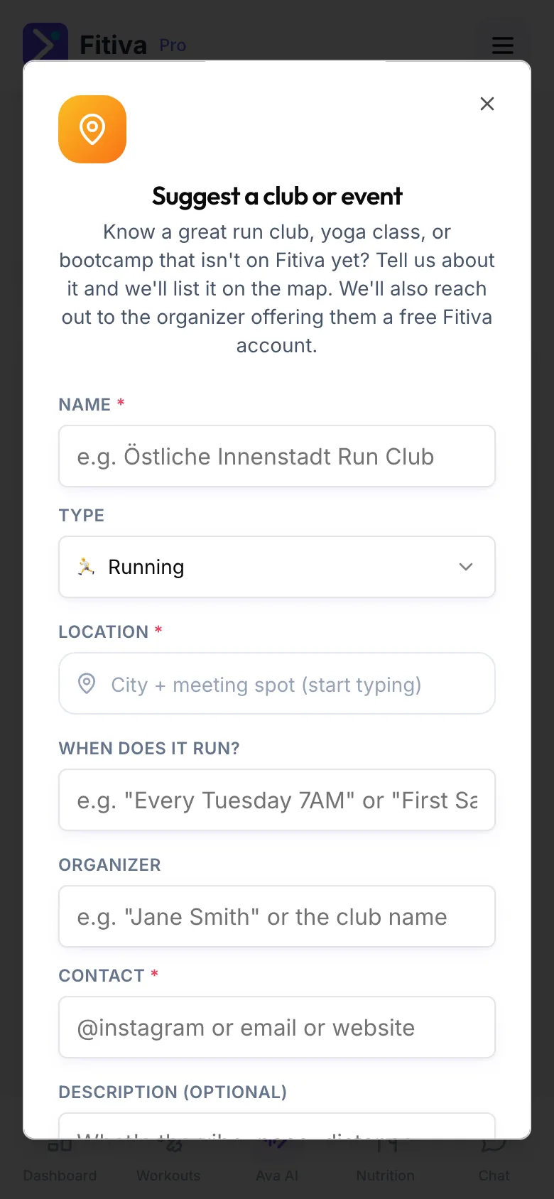 The Suggest a club or event window with the fields Name, Type, Location, When does it run?, Organizer, Contact and Description (optional).