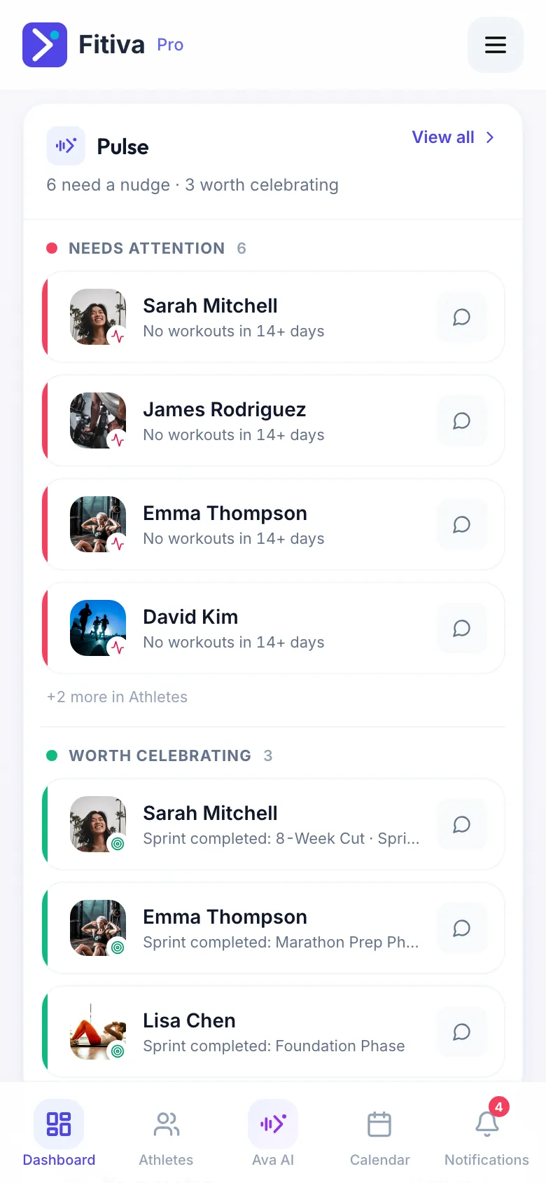The Pulse card on the dashboard: “6 need a nudge · 3 worth celebrating” at the top, the Needs attention group with four athletes and the reason, then Worth celebrating, each with a chat icon.