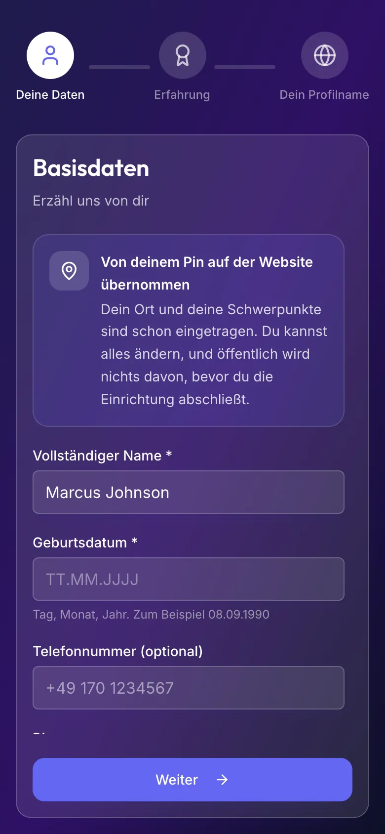 Einrichtung für Coaches, Schritt Basisdaten, mit dem Hinweis Von deinem Pin auf der Website übernommen