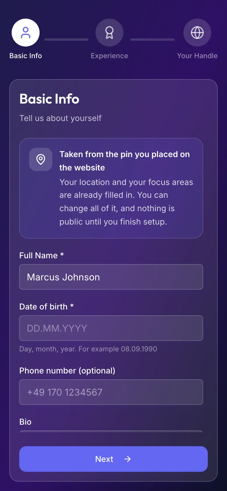 Coach setup, Basic Info step, with the note Taken from the pin you placed on the website