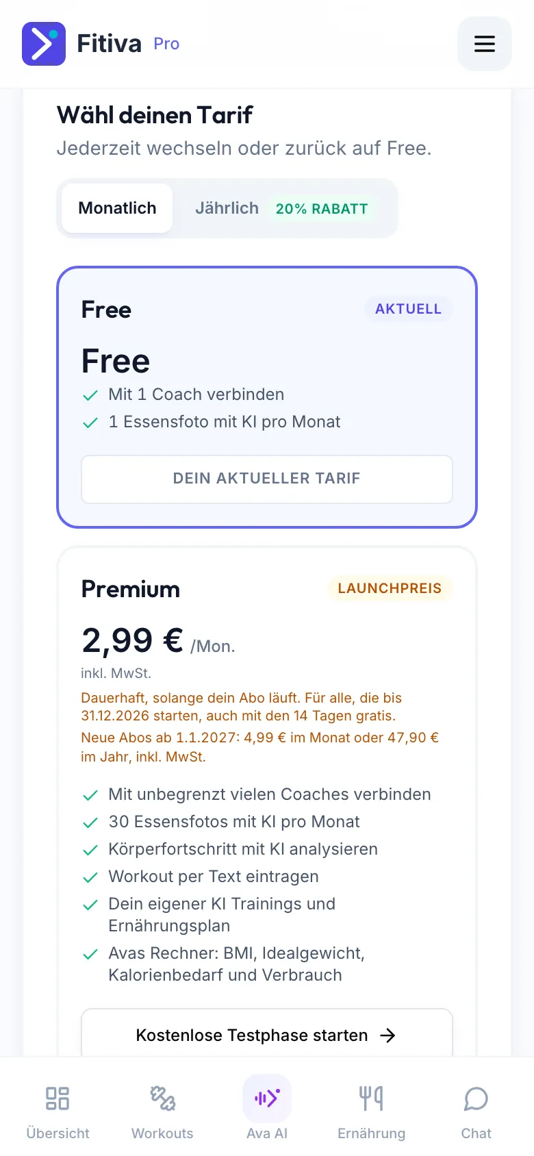 Wähl deinen Tarif für Athleten: Free als aktueller Tarif und Premium mit Launchpreis, 2,99 € im Monat inkl. MwSt., und seinen Funktionen