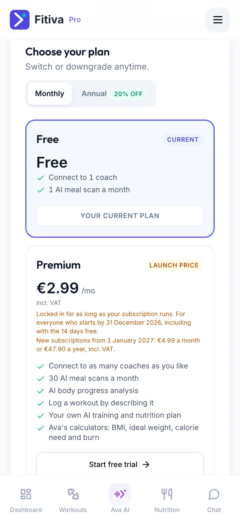 Choose your plan for athletes: Free as the current plan and Premium with the launch price, €2.99 a month incl. VAT, and its features
