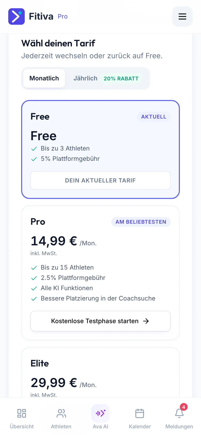 Wähl deinen Tarif für Coaches: Free, Pro für 14,99 € im Monat und der Anfang der Karte Elite für 29,99 € im Monat