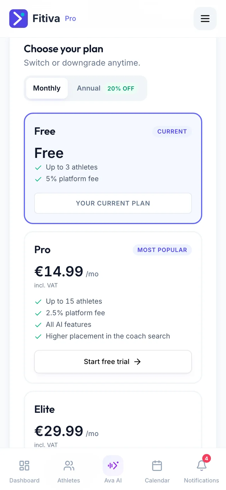 Choose your plan for coaches: Free, Pro at €14.99 a month and the top of the Elite card at €29.99 a month