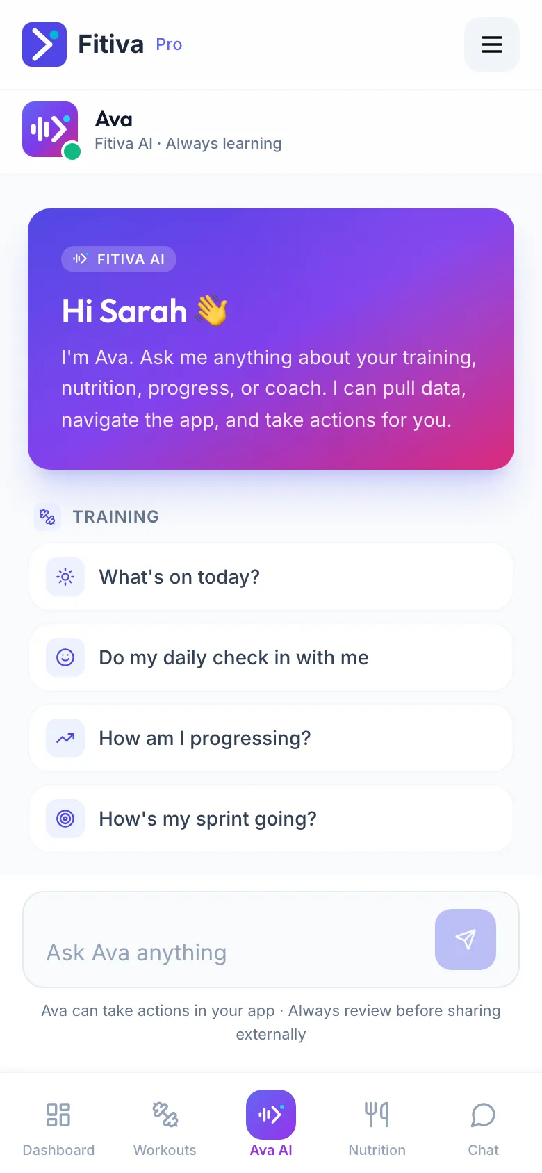The Ava chat with her greeting, suggestions under Training such as What's on today? and the Ask Ava anything box
