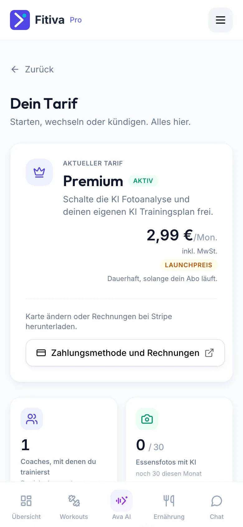 Seite Dein Tarif mit Premium aktiv und dem Button Zahlungsmethode und Rechnungen