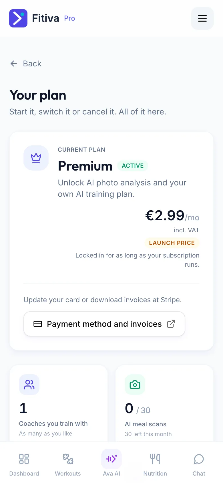 The Your plan page with Premium active and the Payment method and invoices button