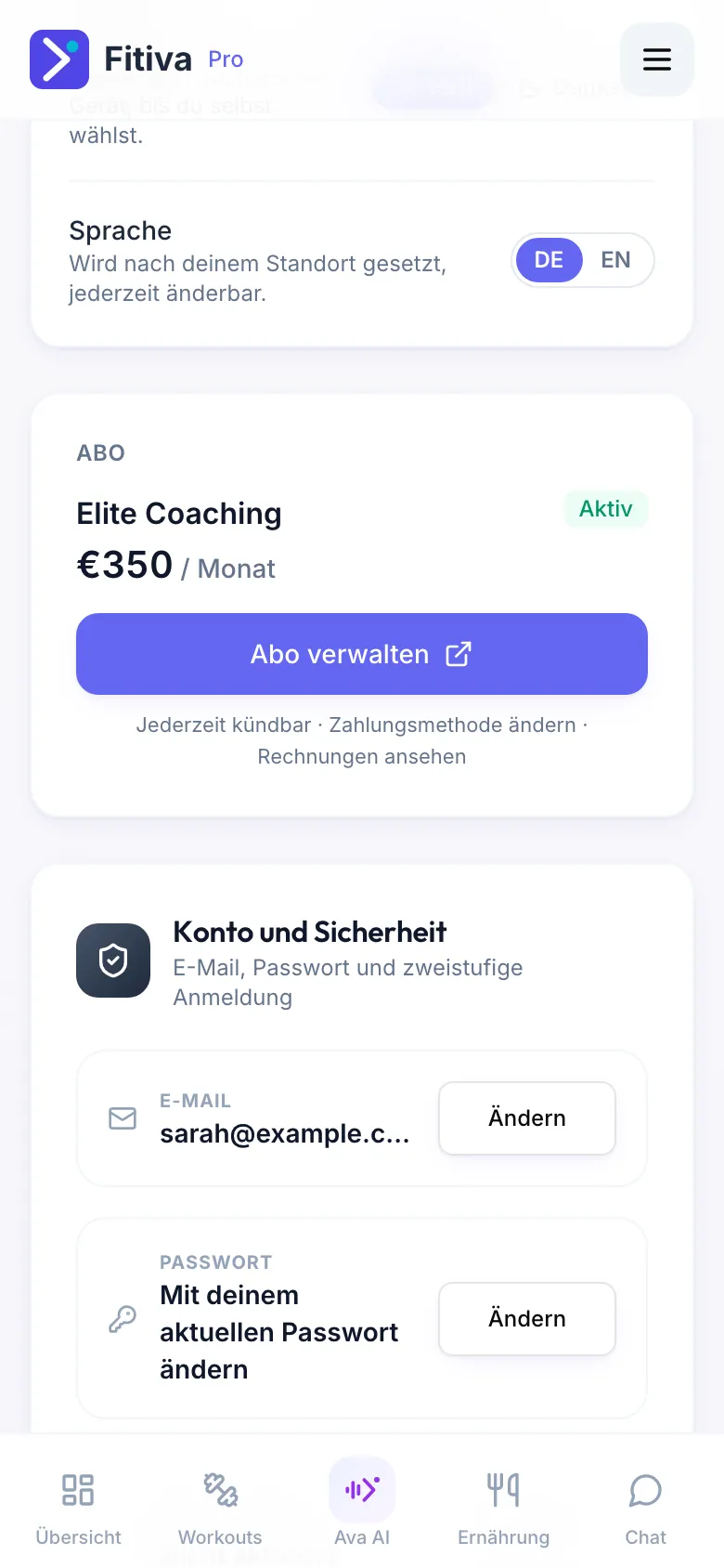 Einstellungen mit der Karte Abo für ein Coaching-Abo und dem Button Abo verwalten