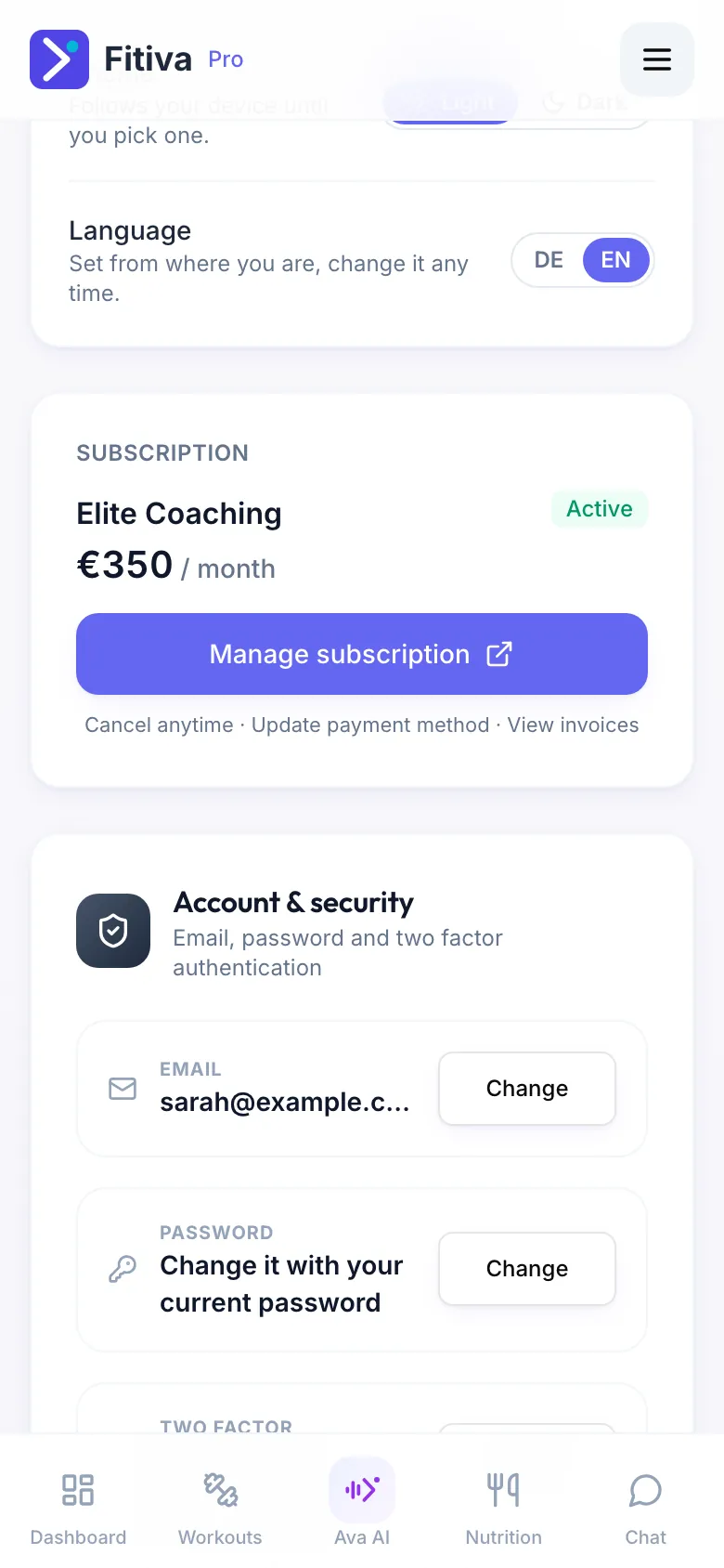 Settings with the Subscription card for a coaching subscription and the Manage subscription button