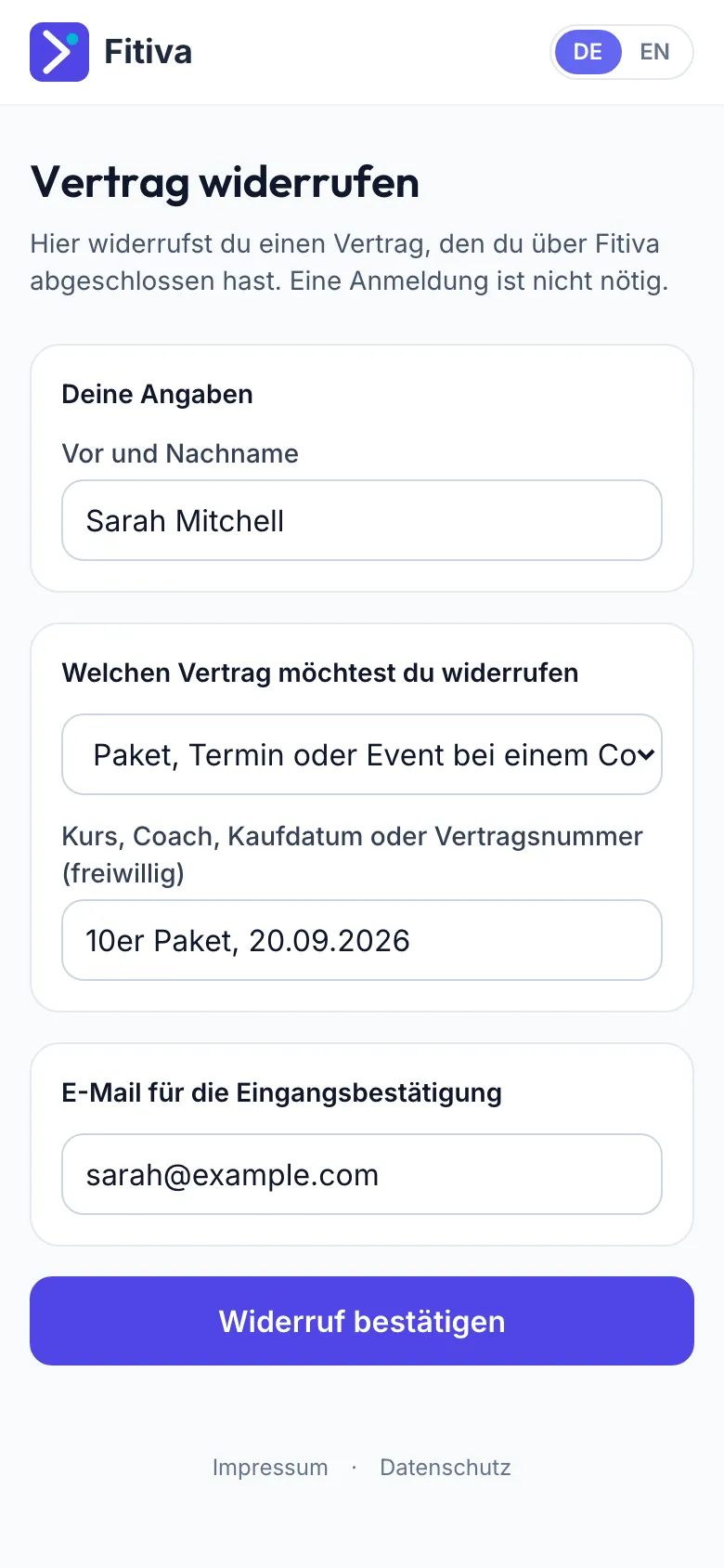 Formular Vertrag widerrufen mit Beispielname, dem Vertrag Paket, Termin oder Event bei einem Coach, einer E-Mail als Beispiel und dem Button Widerruf bestätigen