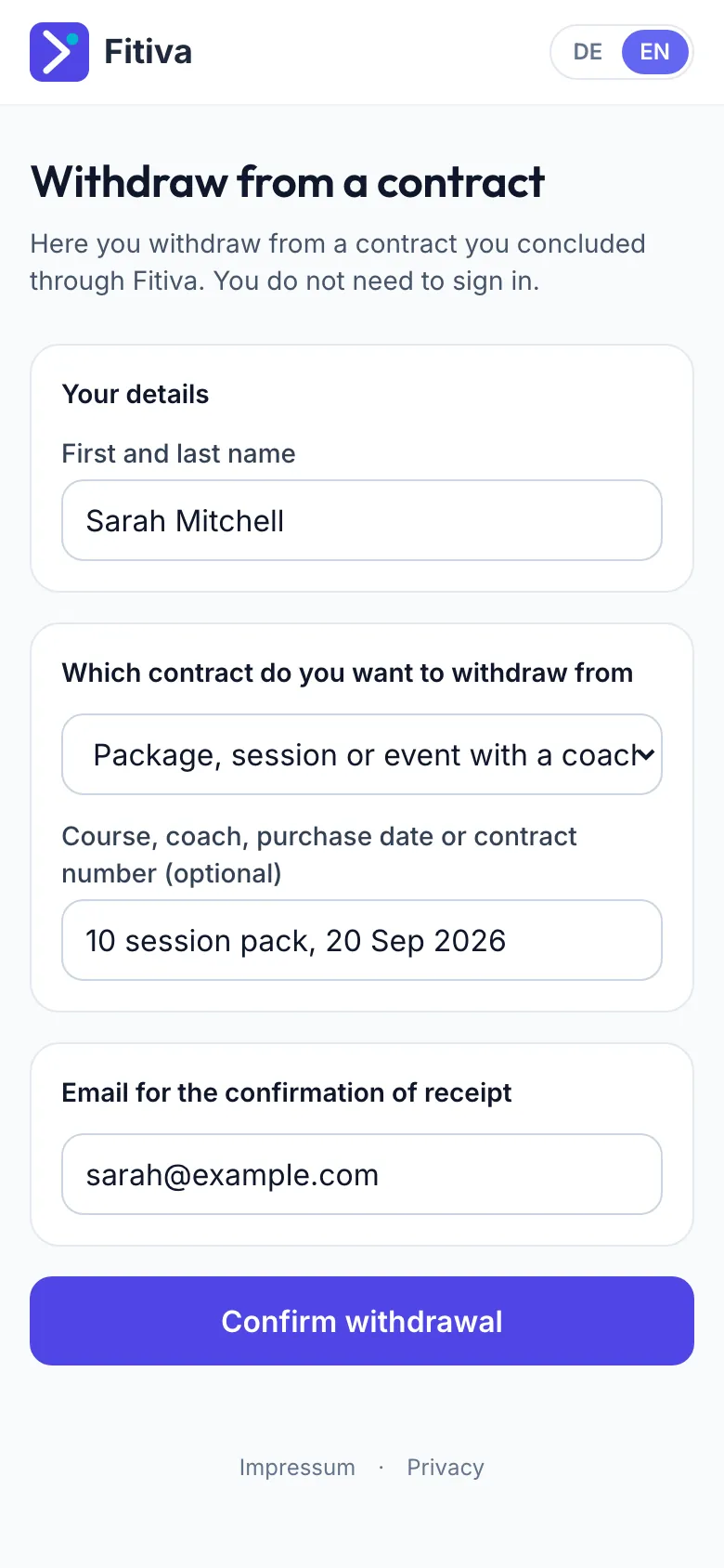 The Withdraw from a contract form with a sample name, the contract Package, session or event with a coach, a sample email and the Confirm withdrawal button