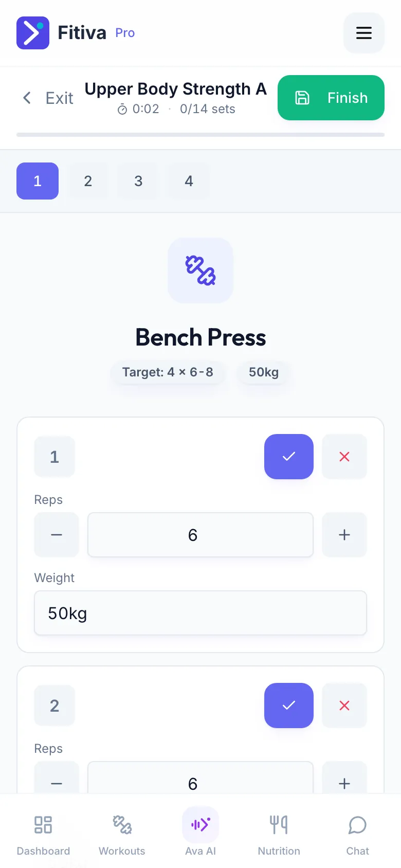 The guided workout on the first exercise with its target, the sets with reps and weight, the tick to complete a set and the Finish button