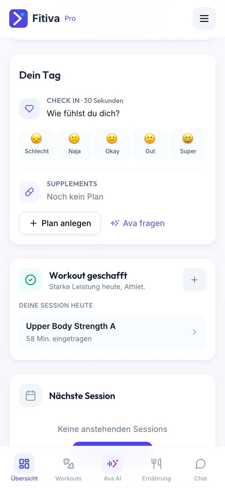 Die Karte Dein Tag in der Übersicht mit dem täglichen Check-in und dem Bereich Supplements