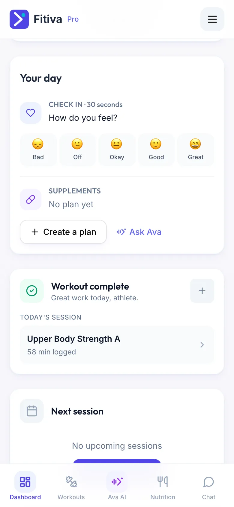 The Your day card on the dashboard with the daily check-in and the Supplements section